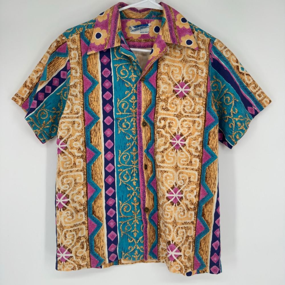 Vintage 60s Surfside Sportswear Waikiki Hawaii Geometric Floral Button Mens S